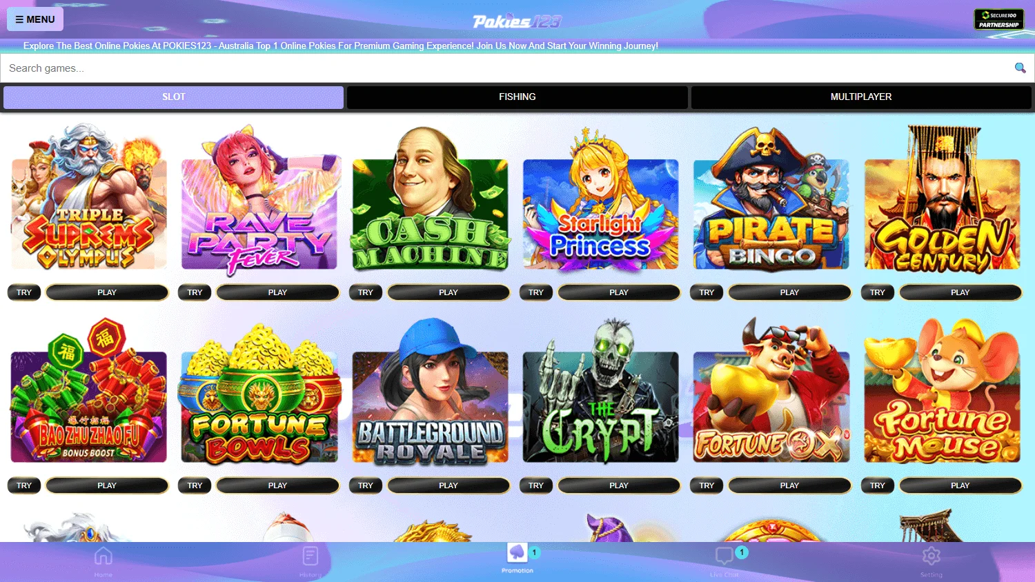 Pokies123 Casino desktop games lobby with pokie browsing options