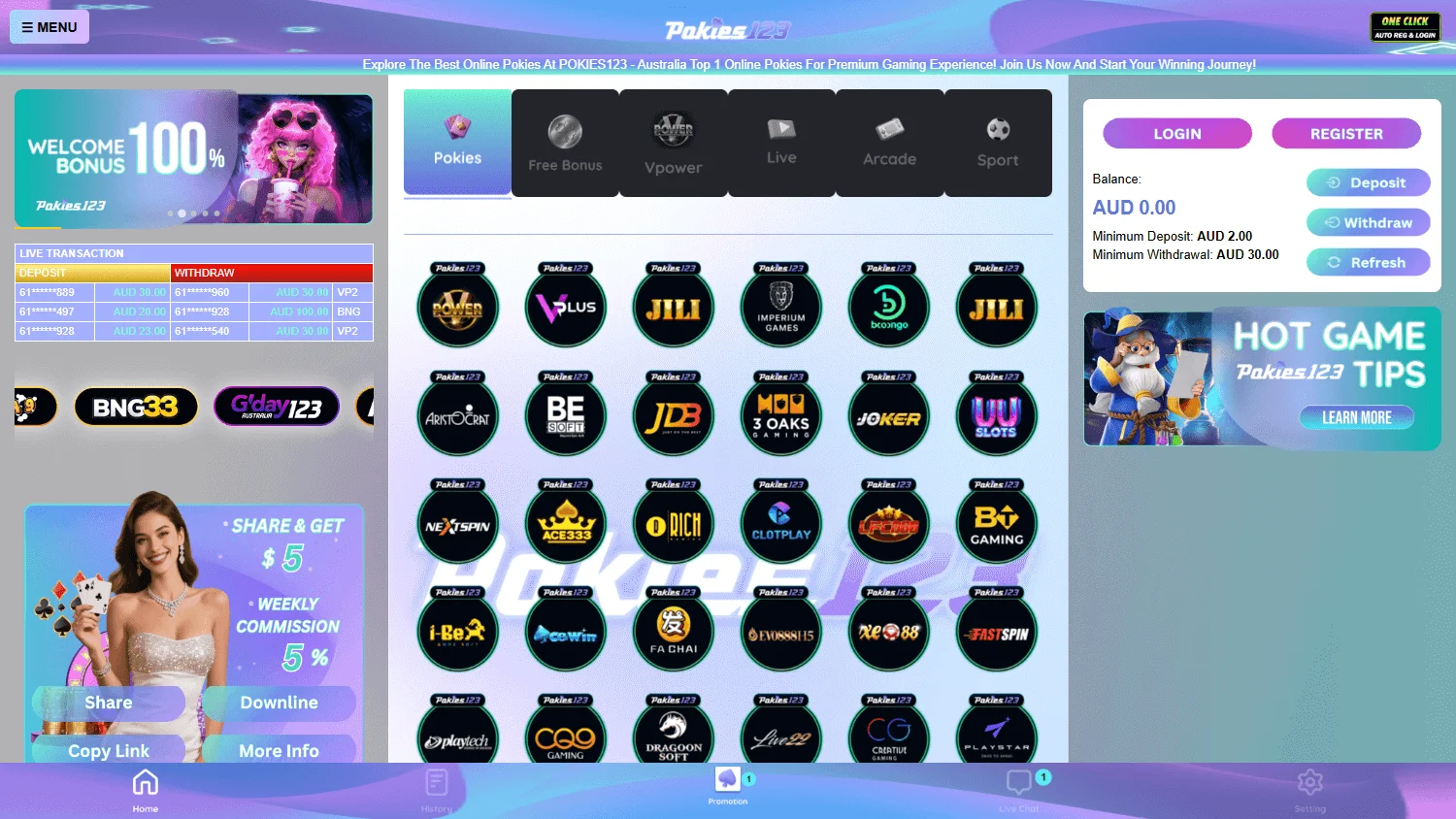 Pokies123 Casino desktop home with casino and sportsbook access