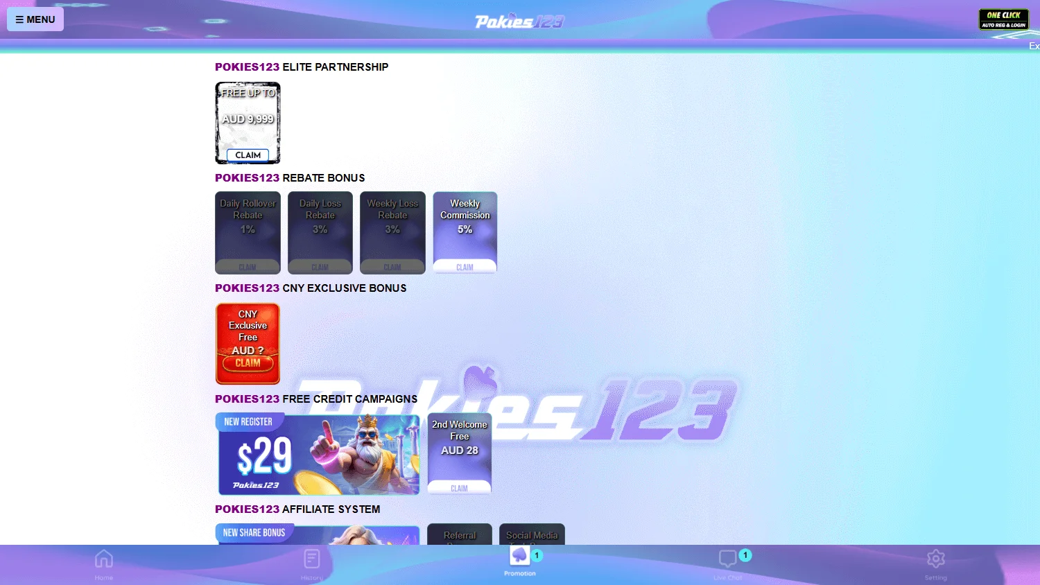 Pokies123 Casino desktop promotions area with bonus and tournament activity