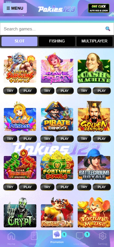 Pokies123 Casino mobile games lobby on a smartphone