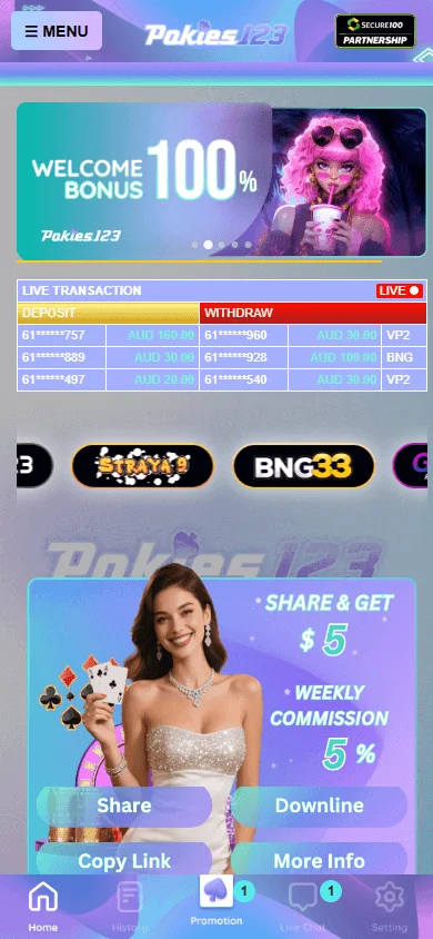 Pokies123 Casino mobile home accessed through a smartphone browser