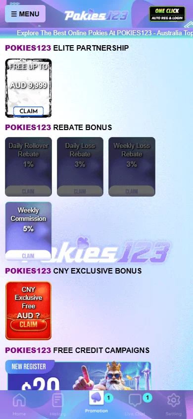 Pokies123 Casino mobile promotions area on a smartphone